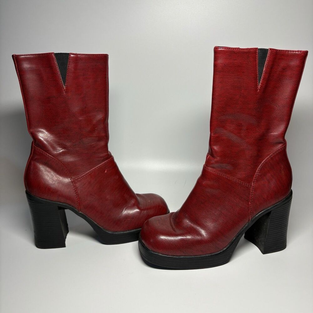 Vtg No Boundaries 00’s Y2K Red Boots 8.5 Square Toe Chunky Heel Retro Brat - Picture 4 of 9